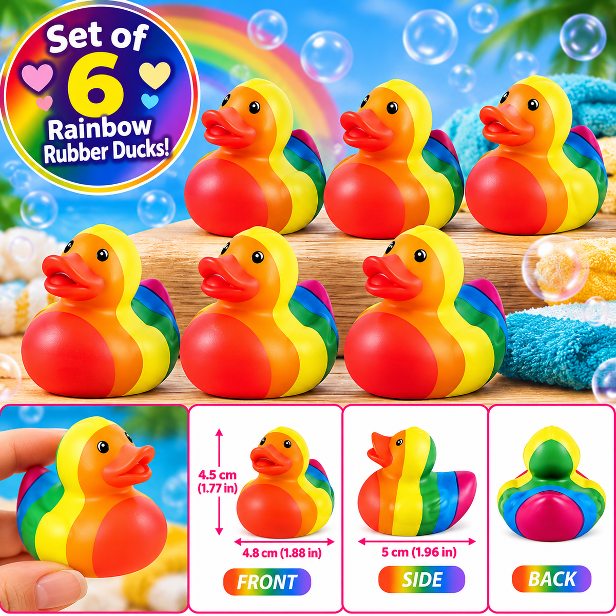 RAINBOW Rubber Duck Gift Set of 6 | 2 Inch Ducks with Organza Bags & Ducked Cards | Ready to Gift & Hide | Duck Exchange Favors