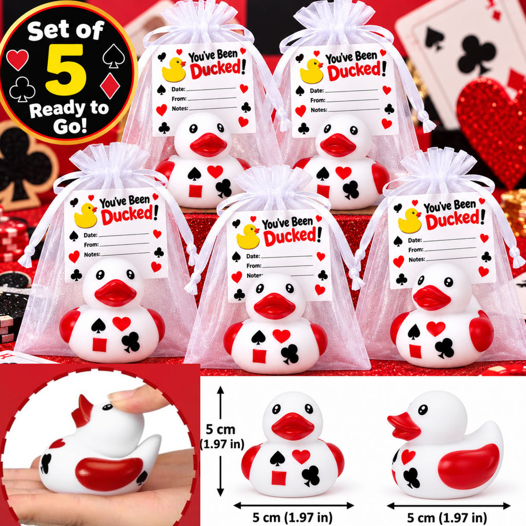 CASINO POKER Rubber Duck Gift Set of 5 | 2 Inch Ducks with Organza Bags & Ducked Cards | Ready to Gift & Hide | Duck Exchange Favors