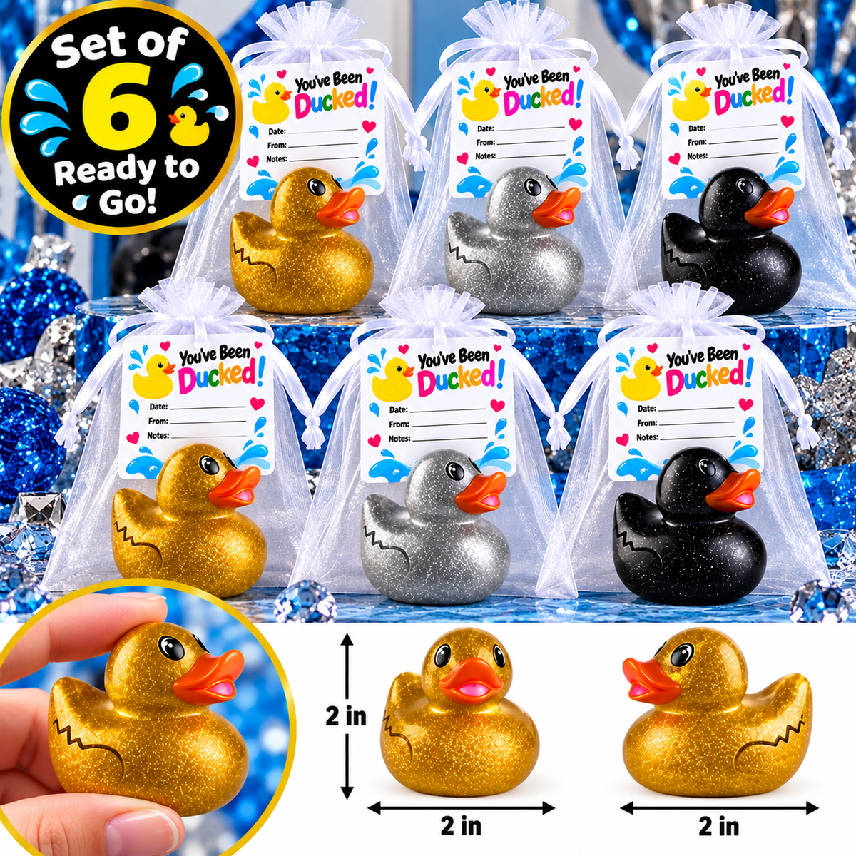 Gold Silver Black Glitter Rubber Duck Gift Set of 6 | 2 Inch Ducks with Organza Bags & Ducked Cards | Ready to Gift & Hide | Duck Exchange Favors