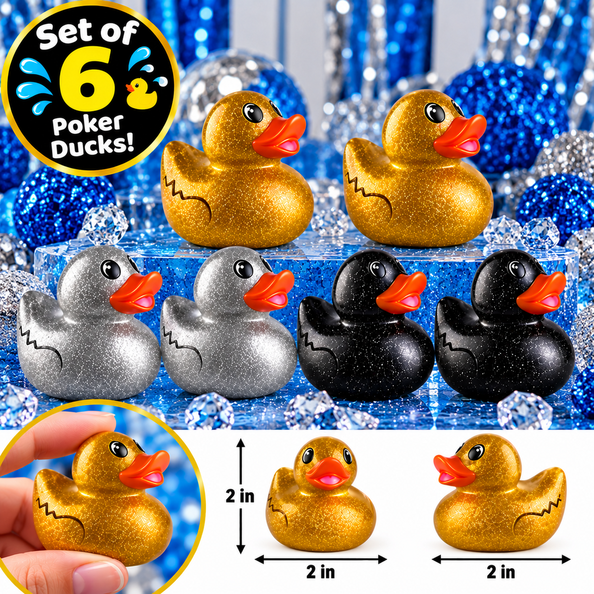 Gold Silver Black Glitter Rubber Duck Gift Set of 6 | 2 Inch Ducks with Organza Bags & Ducked Cards | Ready to Gift & Hide | Duck Exchange Favors