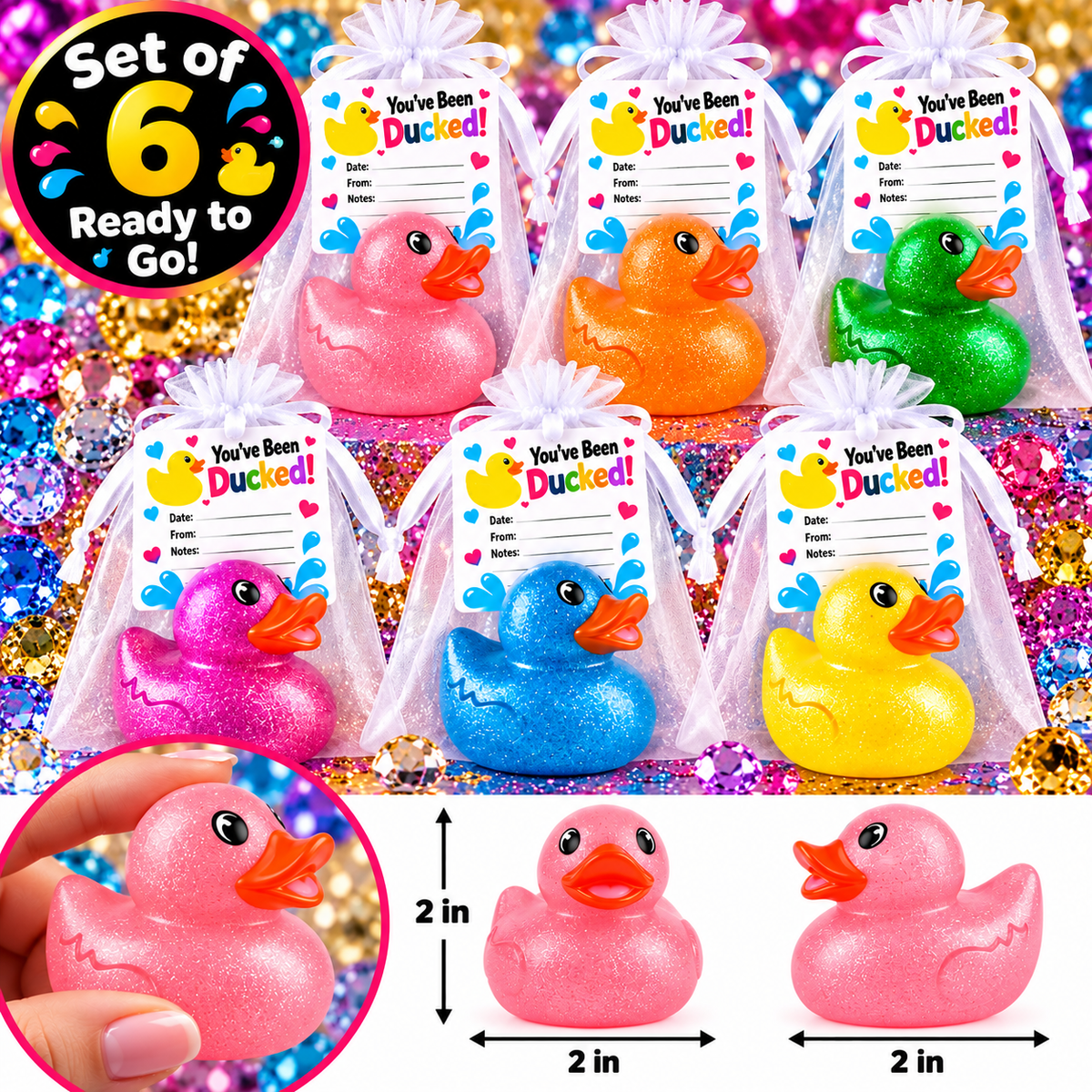 Colorful Glitter Rubber Duck Gift Set of 6 | 2 Inch Ducks with Organza Bags & Ducked Cards | Ready to Gift & Hide | Duck Exchange Favors
