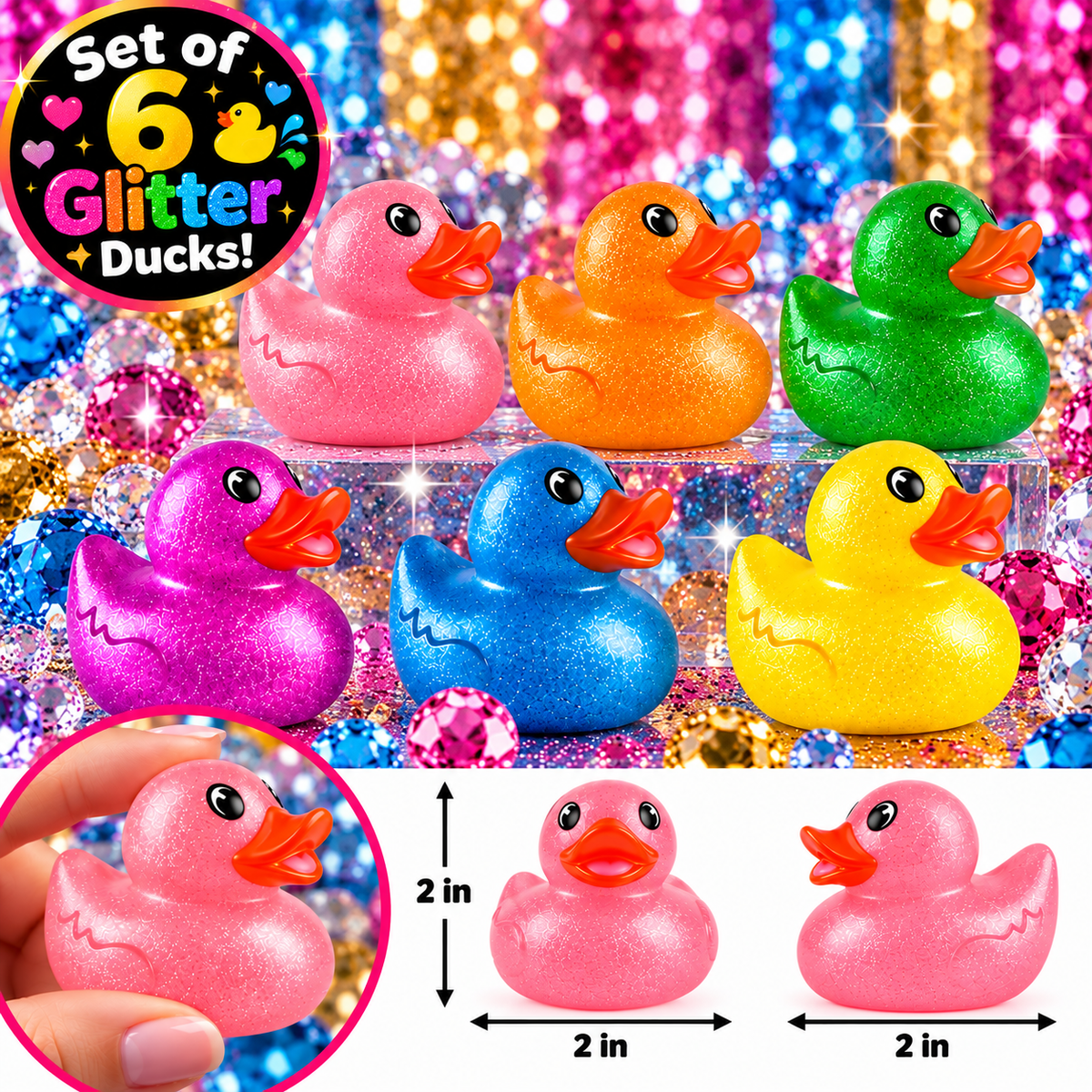 Colorful Glitter Rubber Duck Gift Set of 6 | 2 Inch Ducks with Organza Bags & Ducked Cards | Ready to Gift & Hide | Duck Exchange Favors