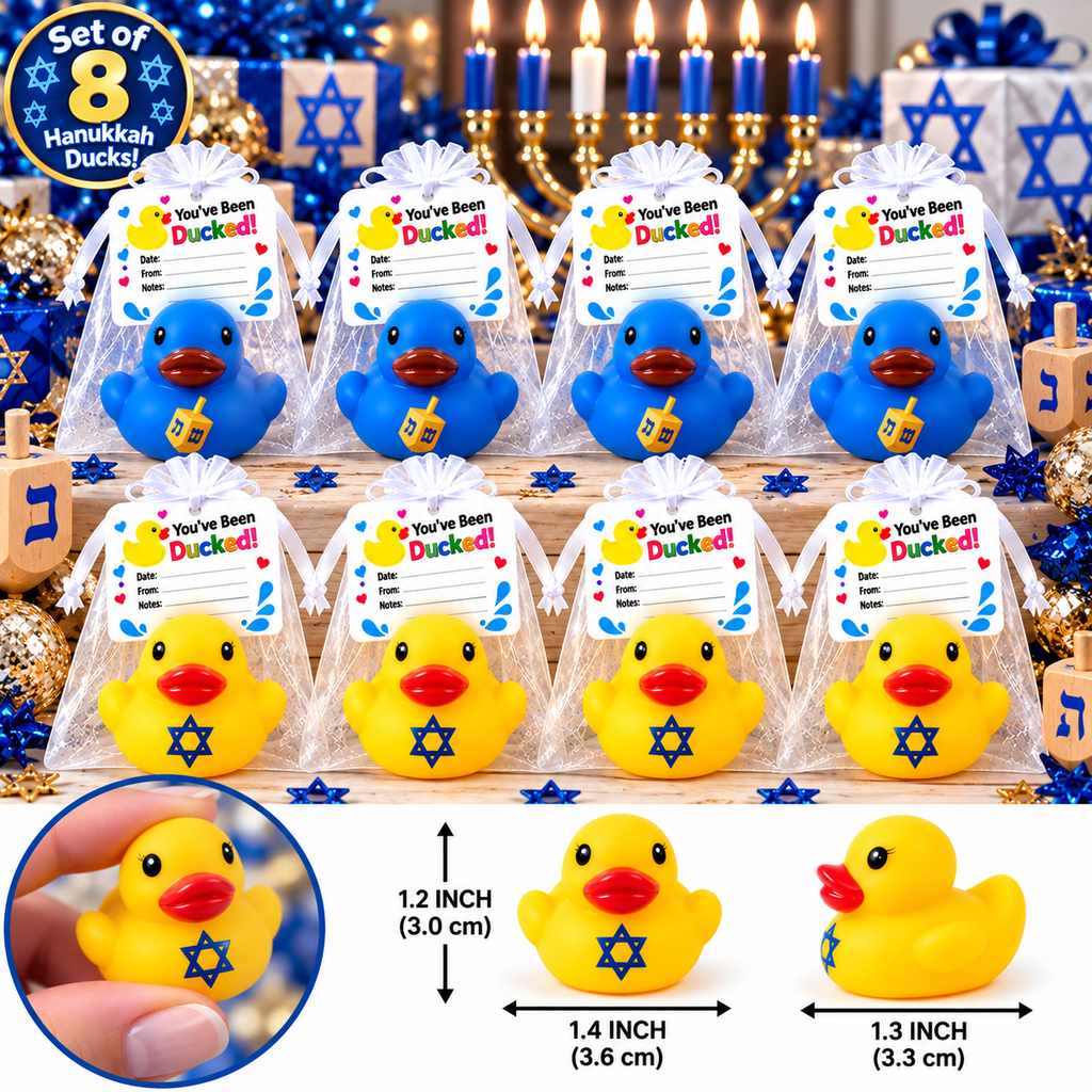 Hanukkah Themed Rubber Duck Gift Set of 8 | 1.4 Inch Ducks with Organza Bags & Ducked Cards | Ready to Gift & Hide | Duck Exchange Favors