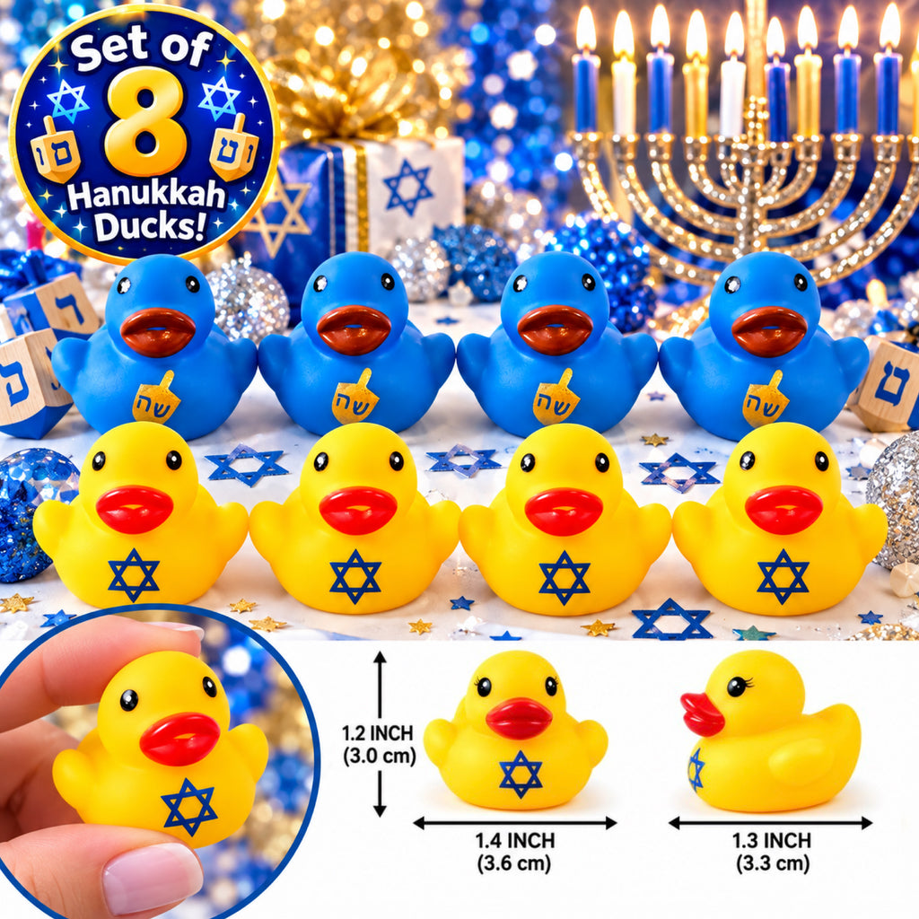 Hanukkah Themed Rubber Duck Gift Set of 8 | 1.4 Inch Ducks with Organza Bags & Ducked Cards | Ready to Gift & Hide | Duck Exchange Favors