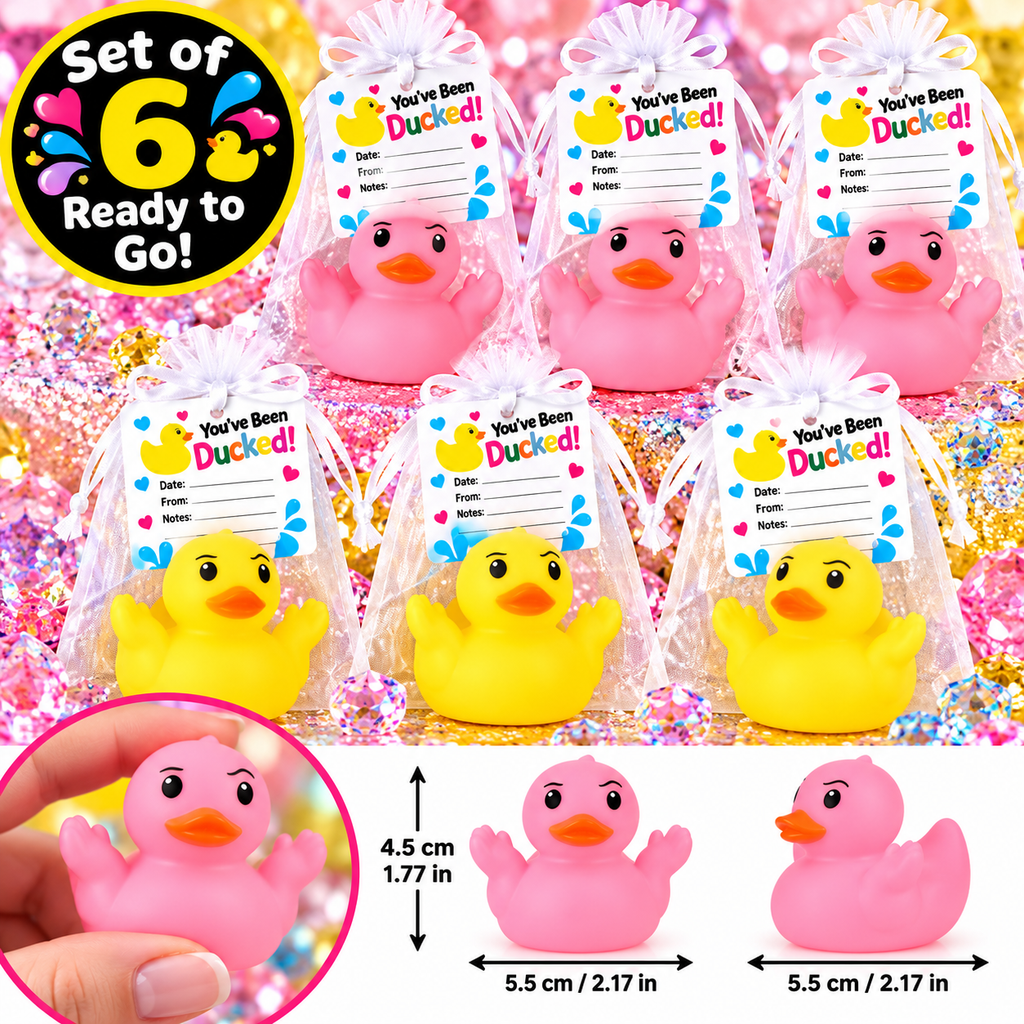 “Whatever” Pink Yellow Rubber Duck Gift Set of 6 | 2 Inch Ducks with Organza Bags & Ducked Cards | Ready to Gift & Hide | Duck Exchange Favors