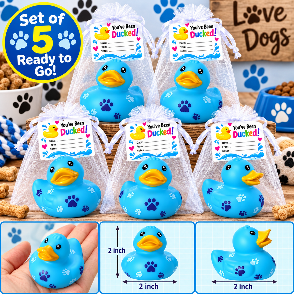 Blue Dog Paw Print Rubber Duck Gift Set of 5 | 2 Inch Ducks with Organza Bags & Ducked Cards | Ready to Gift & Hide | Duck Exchange Favors