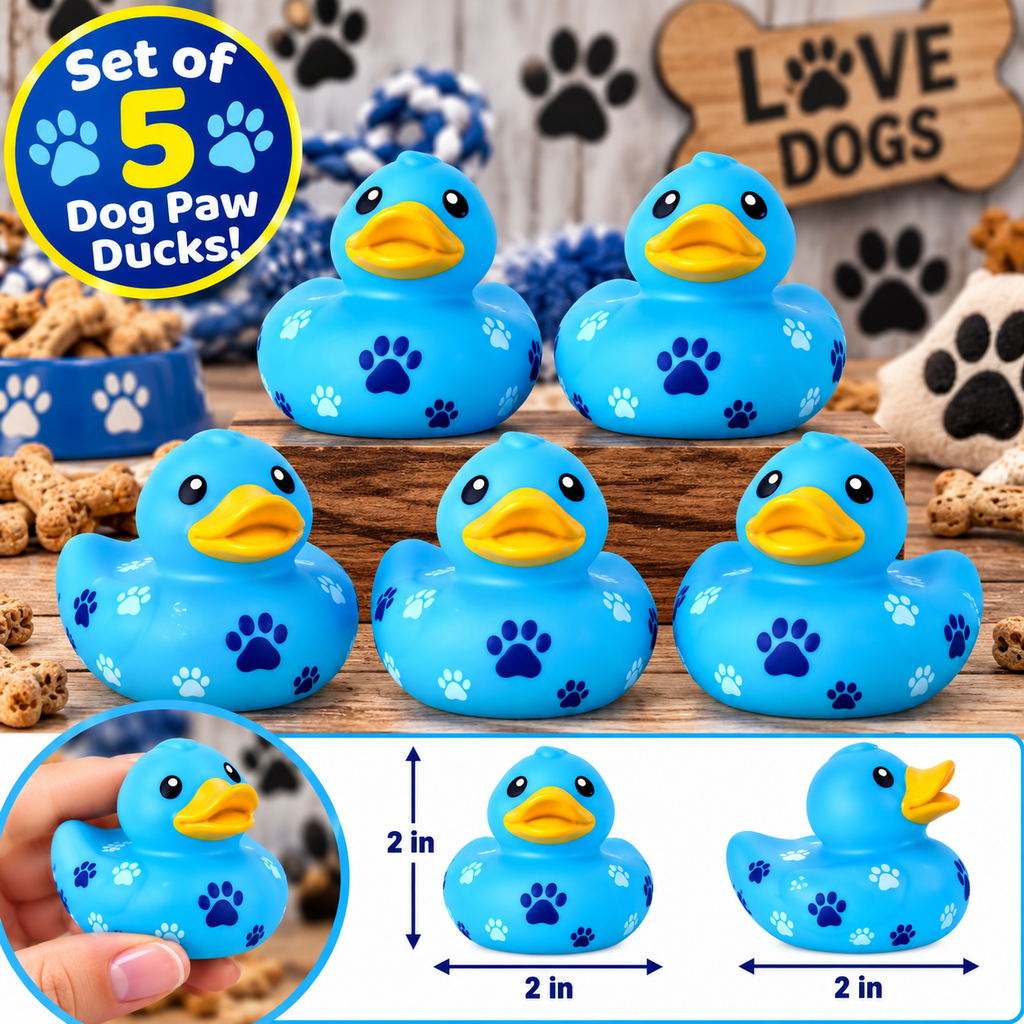 Blue Dog Paw Print Rubber Duck Gift Set of 5 | 2 Inch Ducks with Organza Bags & Ducked Cards | Ready to Gift & Hide | Duck Exchange Favors