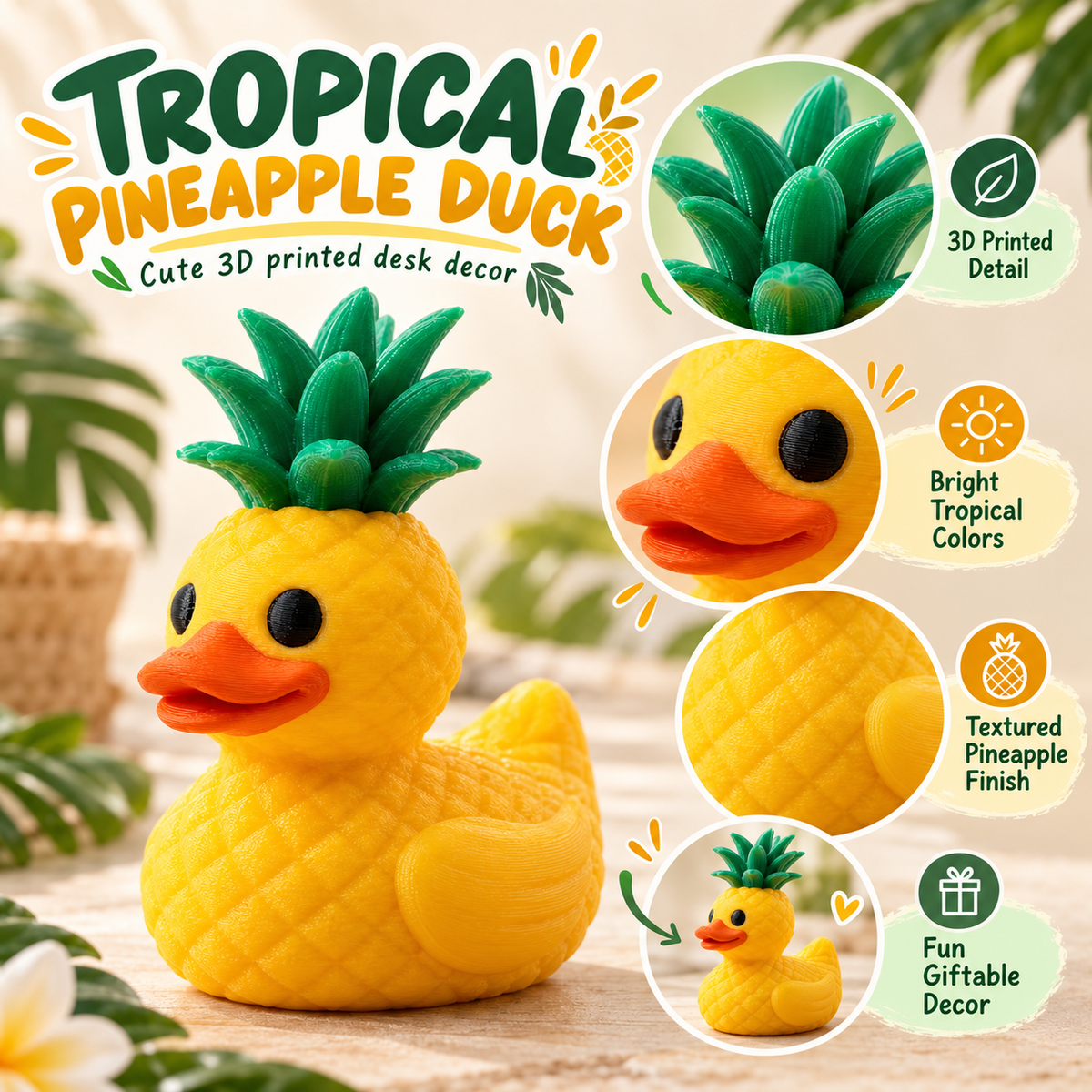Pineapple 3D Printed Duck, Cute Duck Figurine, Unique Desk Decor, Duck Lover Gift, Collectible Display Decor
