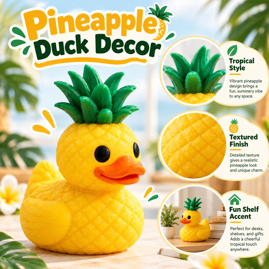 Pineapple 3D Printed Duck, Cute Duck Figurine, Unique Desk Decor, Duck Lover Gift, Collectible Display Decor