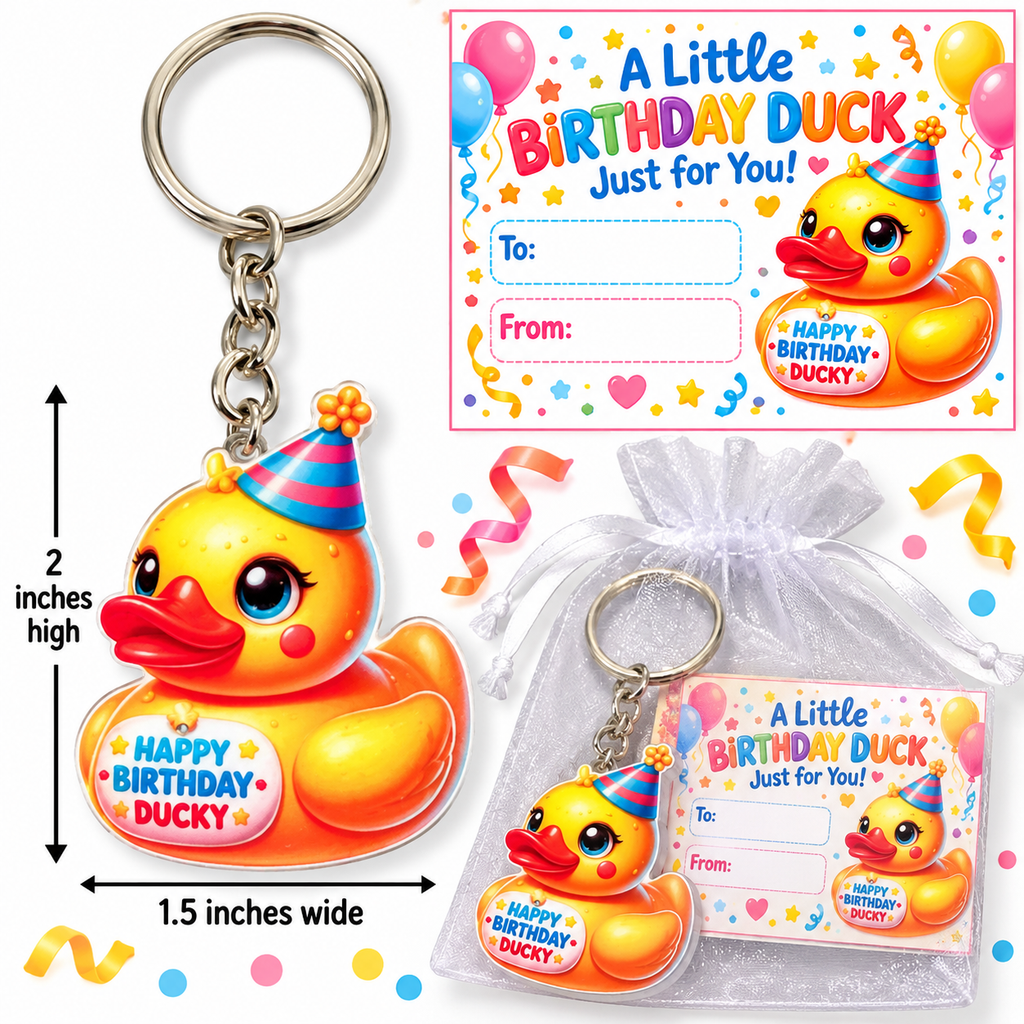 Birthday Duck Keychain Gift Set, Happy Birthday Ducky Keychain, Duck Lover Birthday Gift, Party Favor, Gift Bag With Card