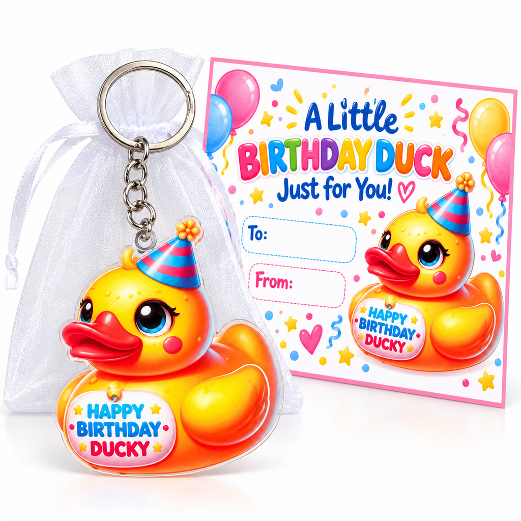 Birthday Duck Keychain Gift Set, Happy Birthday Ducky Keychain, Duck Lover Birthday Gift, Party Favor, Gift Bag With Card