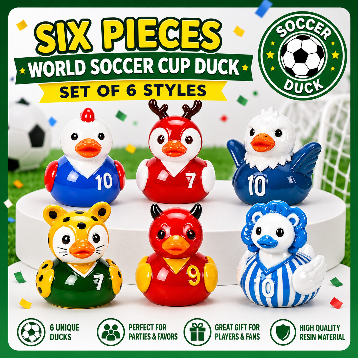 Mini Resin Ducks – Soccer World Cup Duck Set of 6, Sports Theme Tiny Resin Duck Figurines, Football Party Favors, Collectible Mini Ducks, Team Gifts, Cake Toppers, Fairy Garden Decor