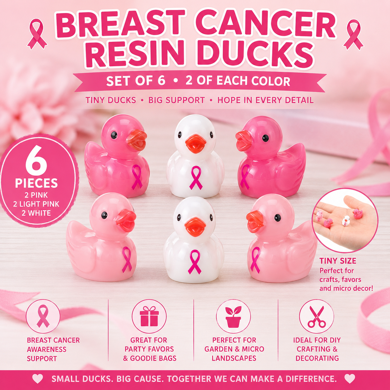 Mini Resin Breast Cancer Awareness Ducks – Set of 6 Tiny Pink Ribbon Duck Figurines, Miniature Resin Ducks, Breast Cancer Party Favors, Survivor Gifts, Fundraiser Decorations, Fairy Garden & DIY Crafts