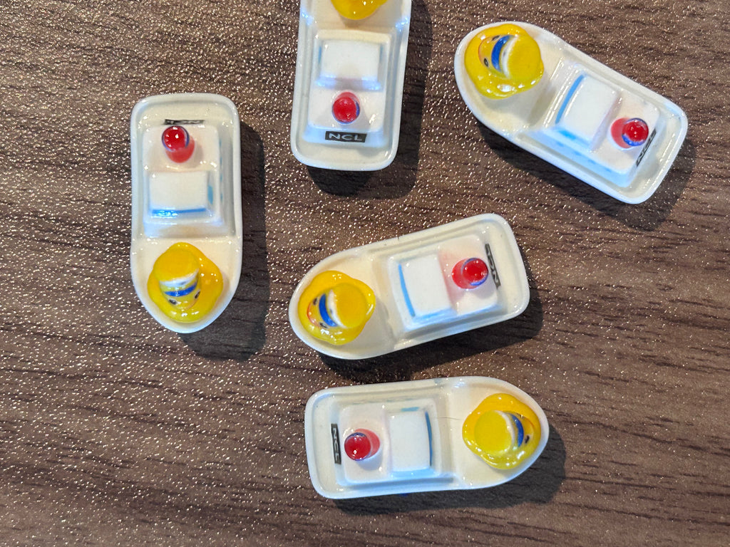 Mini Resin Boats with NCL Logo – Set of 5 Cruise Duck Boats – Tiny Resin Boat Charms for Cruising, Duck Hiding, DIY Crafts, Party Favors & Collecting