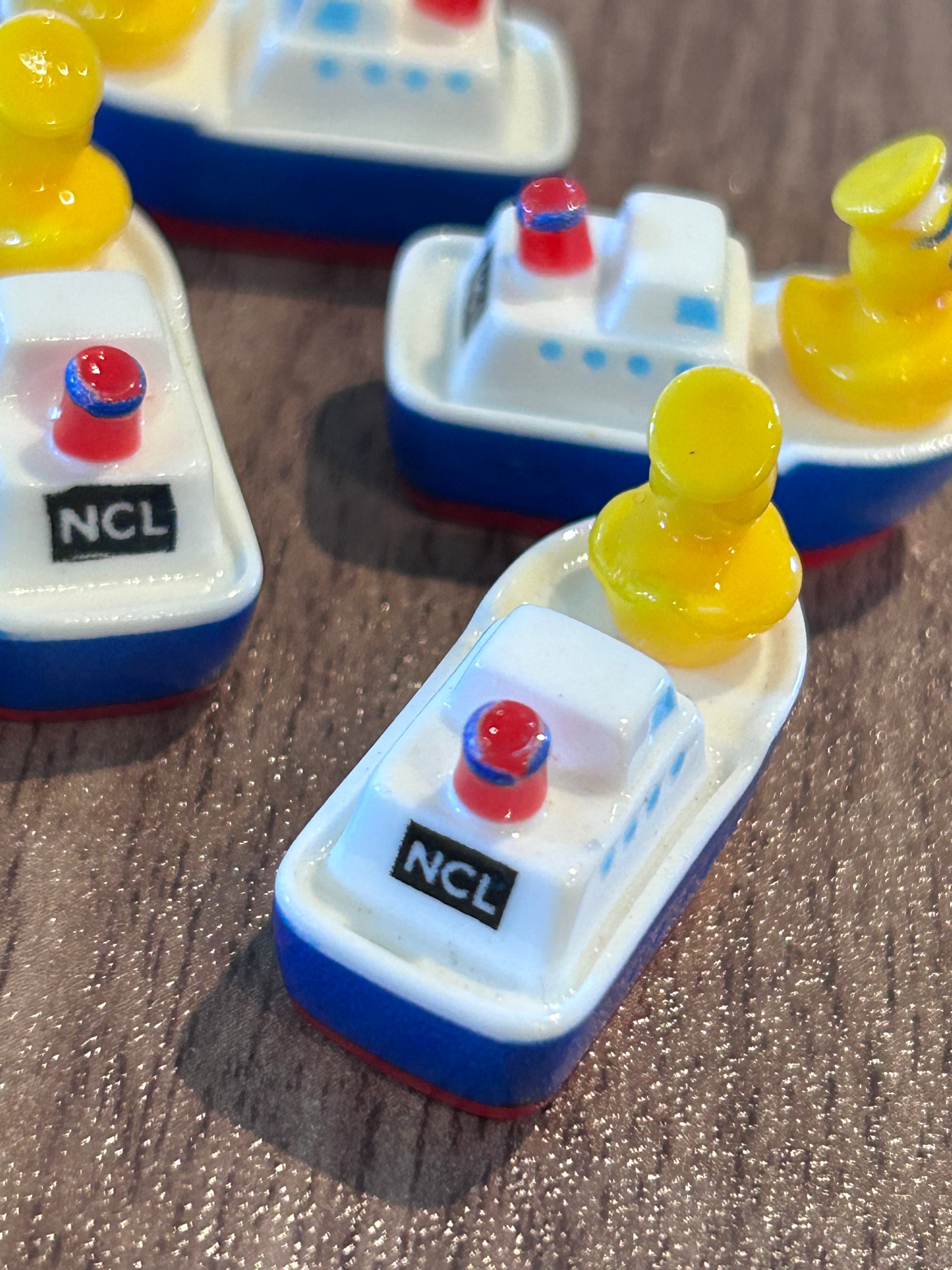 Mini Resin Boats with NCL Logo – Set of 5 Cruise Duck Boats – Tiny Resin Boat Charms for Cruising, Duck Hiding, DIY Crafts, Party Favors & Collecting