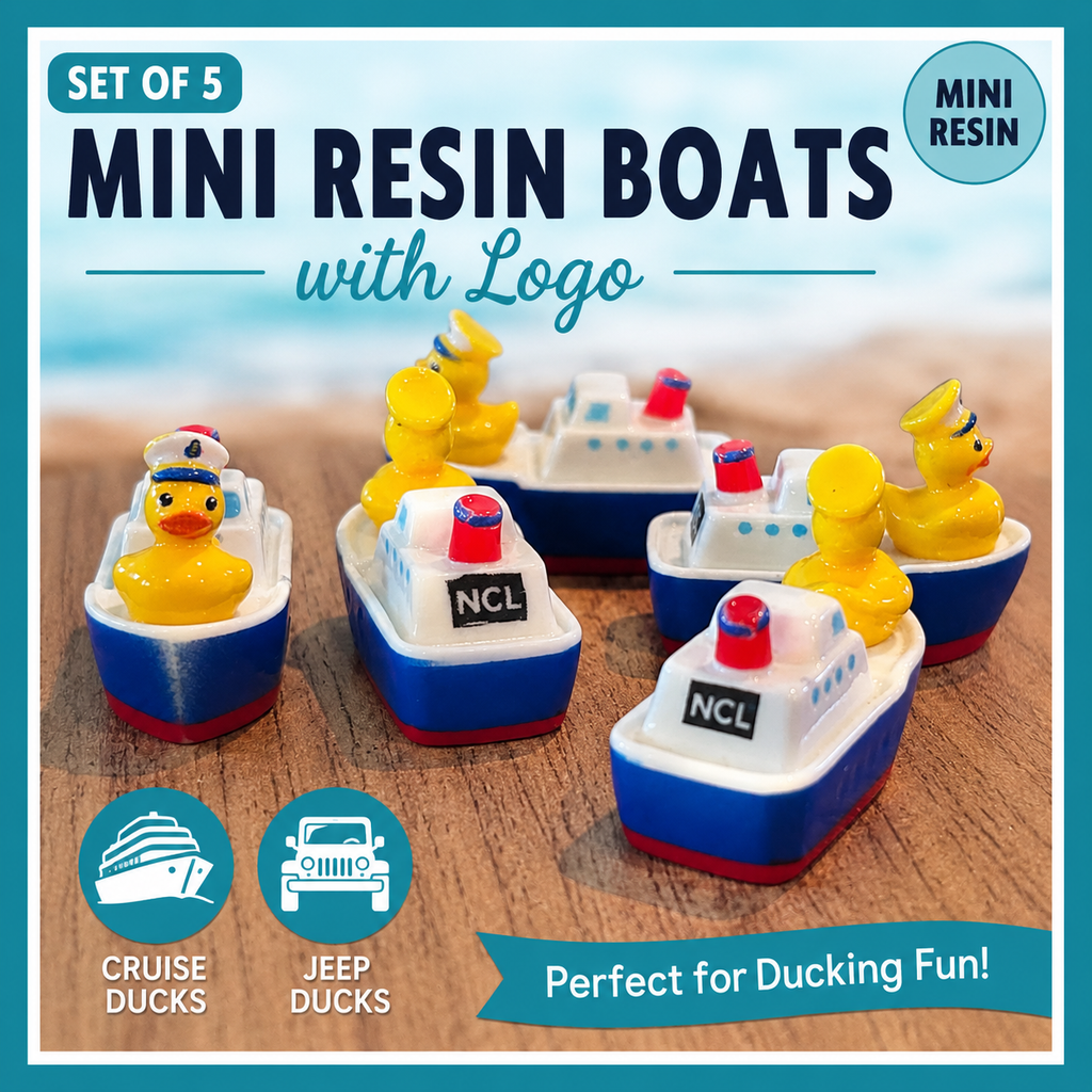 Mini Resin Boats with NCL Logo – Set of 5 Cruise Duck Boats – Tiny Resin Boat Charms for Cruising, Duck Hiding, DIY Crafts, Party Favors & Collecting