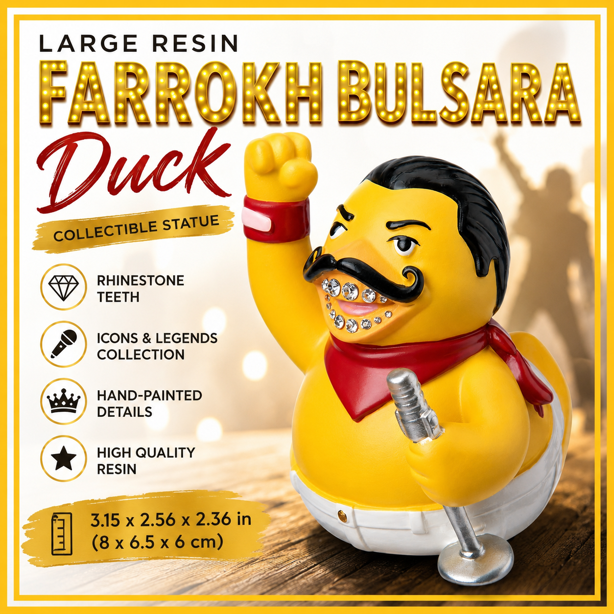 Large Resin Farrokh Bulsara Duck Figurine – Rhinestone Teeth Collectible Statue – Hand-Painted Resin Duck – Music Inspired Decor – 3.15 Inch Gift