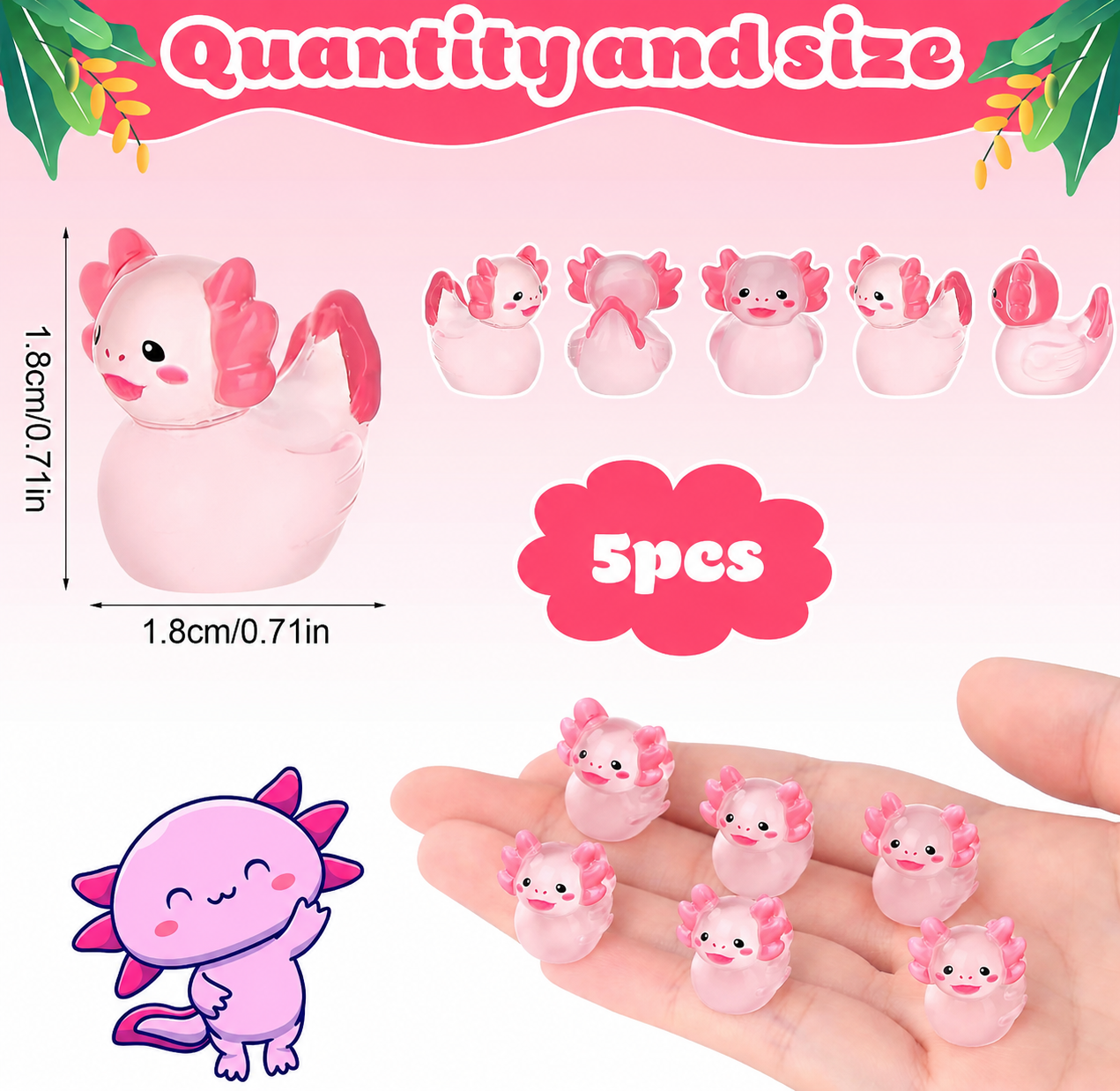 5 Piece Mini Resin Axolotl Ducks, Pink Axolotl Duck Figurines, Glow in the Dark Tiny Resin Ducks, Fairy Garden Decor, Party Favors, With or Without Magnets