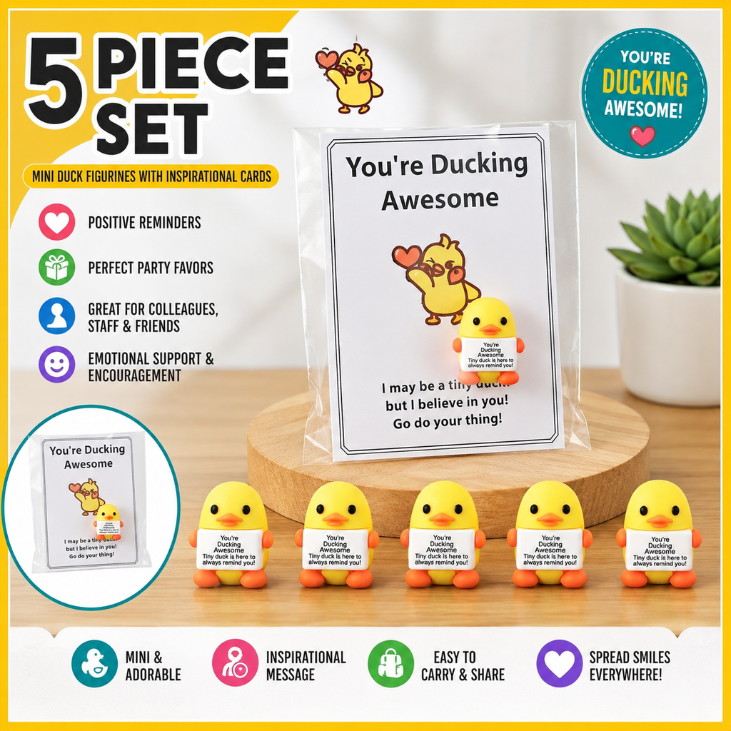 5 Piece Mini Positive Duck Figurines with Inspirational Cards – Emotional Support Duck Gifts – Tiny Duck Party Favors for Coworkers, Teachers, Friends & Students