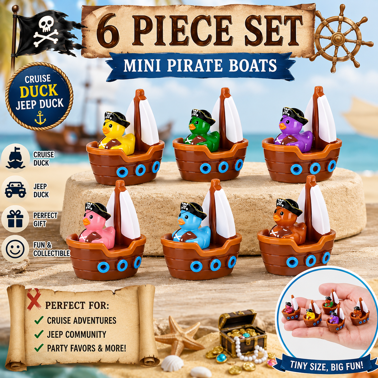 6 Piece Mini Resin Pirate Duck Boats – Cruise Duck & Jeep Duck Hiding Set – Tiny Pirate Boat Duck Figurines – Party Favors – Optional Magnets