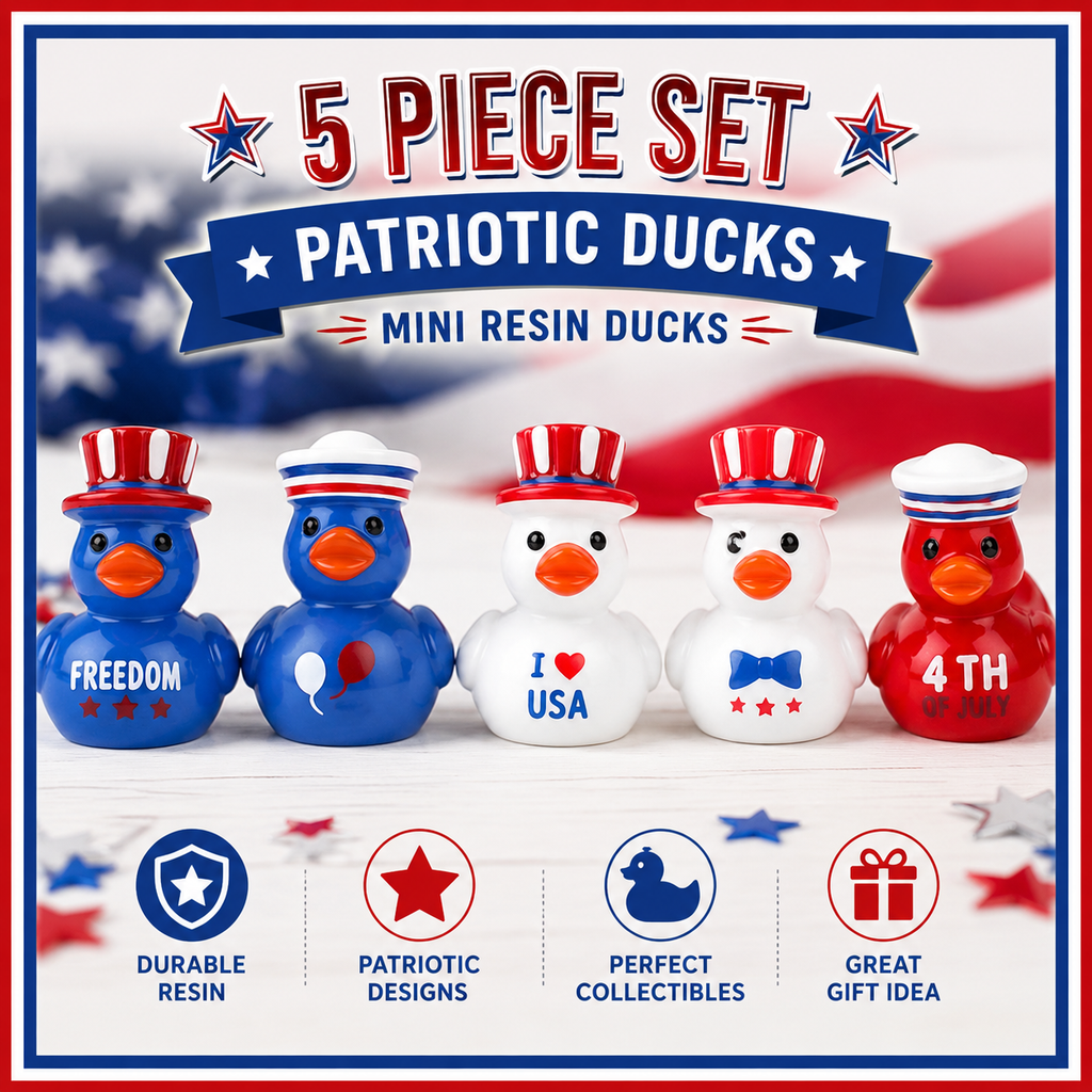 Customize with or Without Magnets – 5 Piece Patriotic Mini Resin Ducks Set, USA Independence Day Ducks, Fourth of July Mini Ducks, Freedom Duck Figurines, Cruise Ducks, Tiered Tray Decor, Party Favors