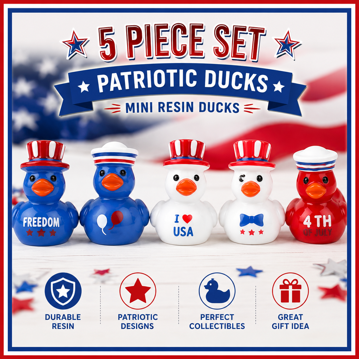 Customize with or Without Magnets – 5 Piece Patriotic Mini Resin Ducks Set, USA Independence Day Ducks, Fourth of July Mini Ducks, Freedom Duck Figurines, Cruise Ducks, Tiered Tray Decor, Party Favors