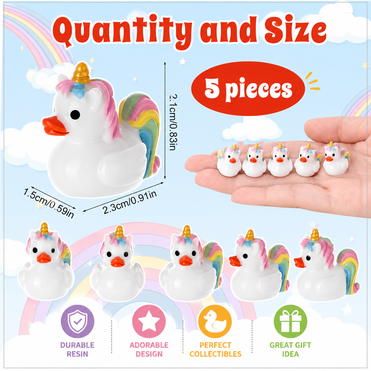 Customize with or Without Magnets – 5 Piece Mini Resin Unicorn Ducks Set, Unicorn Duck Figurines, Fairy Garden Miniatures, Cute Desk Decor, Party Favors, Cruise Ducks, Collectible Gifts