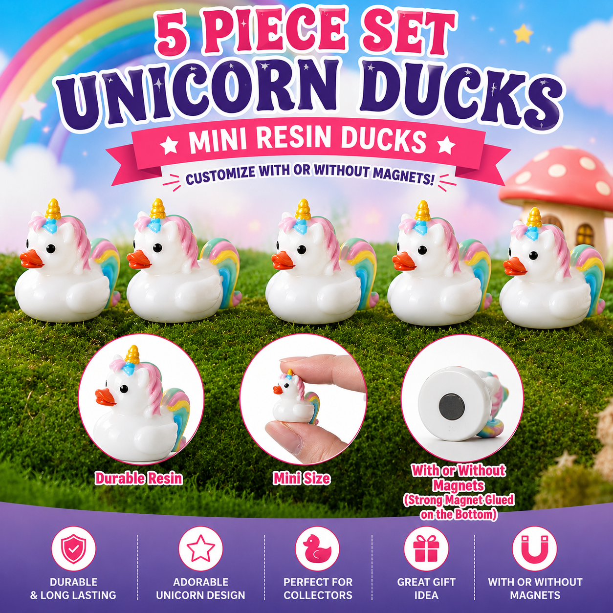 Customize with or Without Magnets – 5 Piece Mini Resin Unicorn Ducks Set, Unicorn Duck Figurines, Fairy Garden Miniatures, Cute Desk Decor, Party Favors, Cruise Ducks, Collectible Gifts