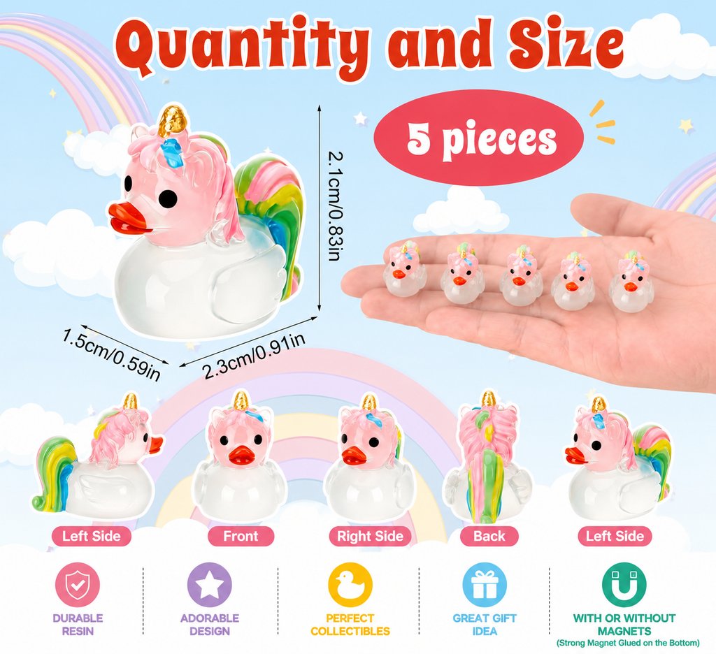 Customize with or Without Magnets – 5 Piece Glow in the Dark Mini Resin Unicorn Ducks Set, Luminous Unicorn Duck Figurines, Fairy Garden Miniatures, Cruise Ducks, Party Favors, Collectible Gifts