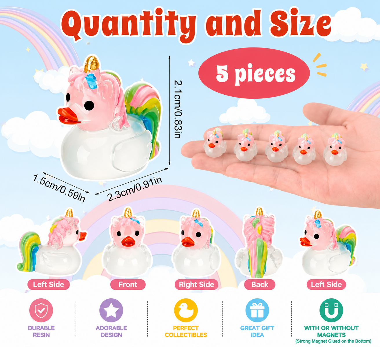 Customize with or Without Magnets – 5 Piece Glow in the Dark Mini Resin Unicorn Ducks Set, Luminous Unicorn Duck Figurines, Fairy Garden Miniatures, Cruise Ducks, Party Favors, Collectible Gifts