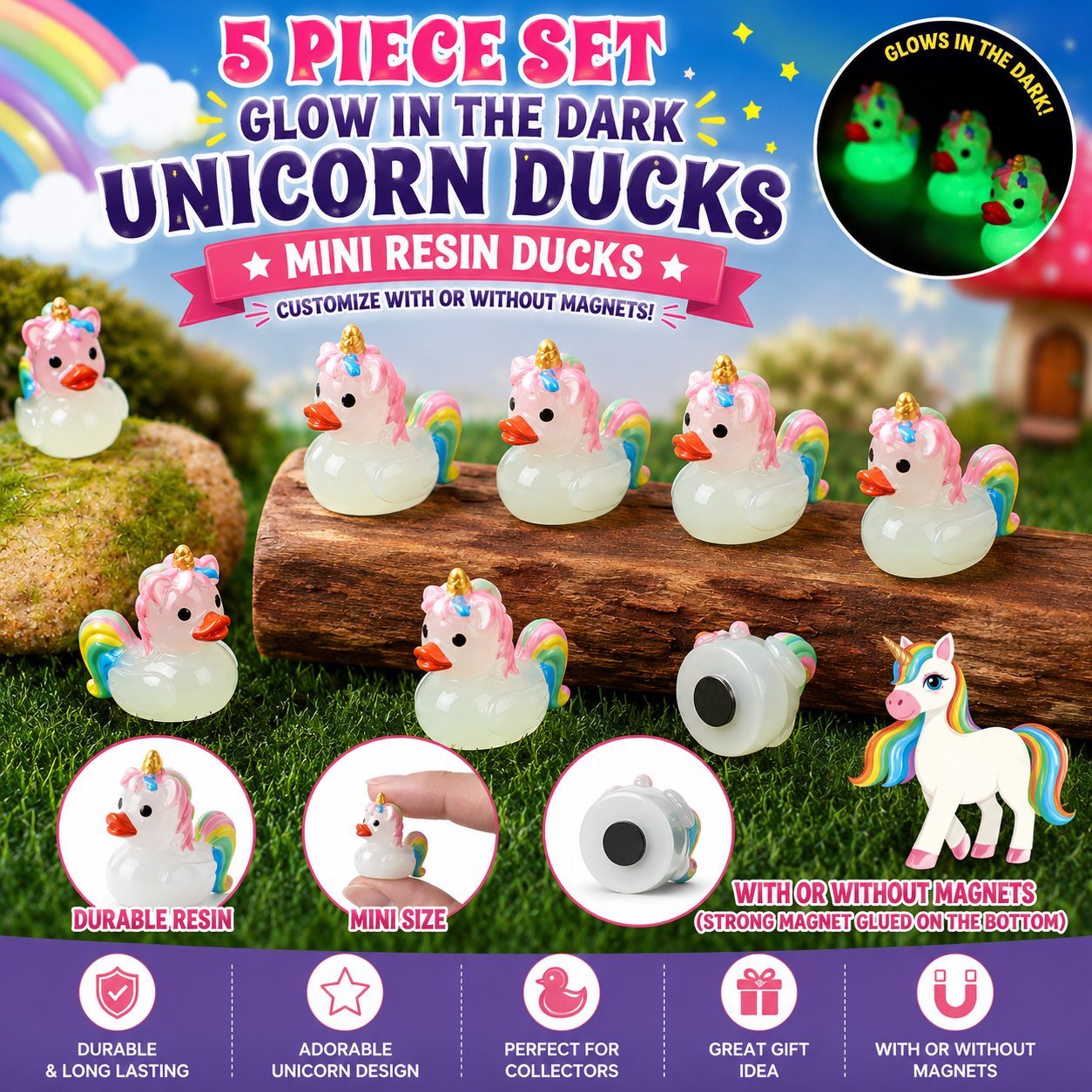 Customize with or Without Magnets – 5 Piece Glow in the Dark Mini Resin Unicorn Ducks Set, Luminous Unicorn Duck Figurines, Fairy Garden Miniatures, Cruise Ducks, Party Favors, Collectible Gifts