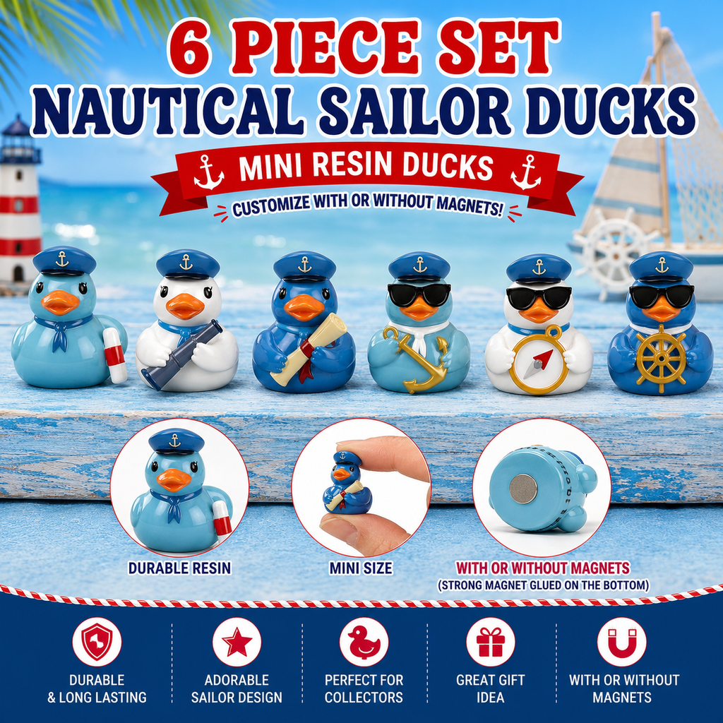Customize with or Without Magnets – 6 Piece Mini Resin Nautical Sailor Ducks Set, Cruise Duck Figurines, Captain & Sailor Ducks, Beach Theme Party Favors, Fairy Garden Miniatures