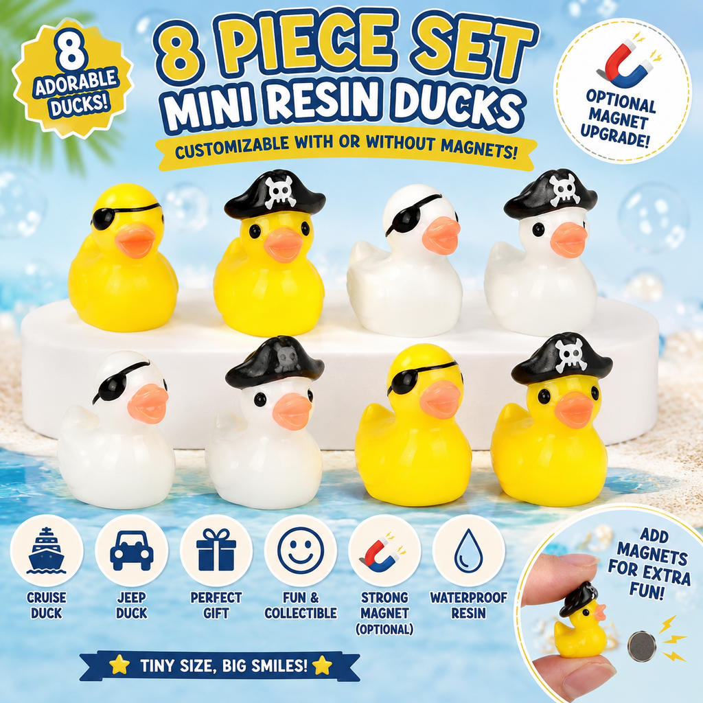 8 Piece Mini Resin Pirate Ducks – Tiny Pirate Duck Figurines – Cruise Duck & Jeep Duck Hiding Set – Optional Magnets – Fairy Garden Party Favors