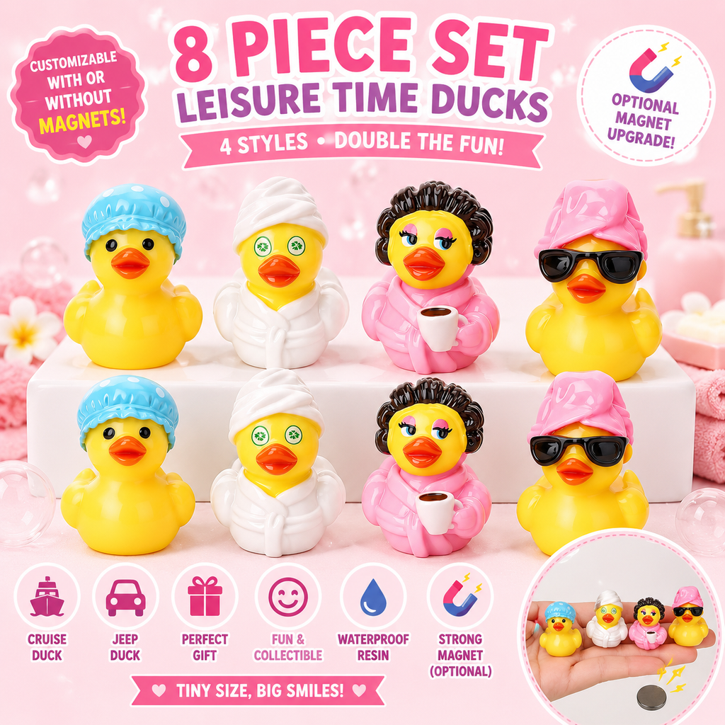 8 Piece Leisure Time Mini Resin Ducks – Spa & Self Care Duck Figurines – Cruise Duck & Jeep Duck Hiding Set – Fairy Garden Décor – Optional Magnets