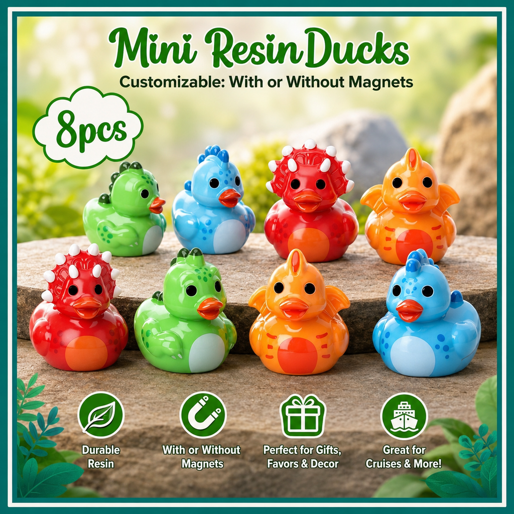 Customizable With or Without Magnets – Set of 8 Mini Resin Dinosaur Ducks, Tiny Dino Duck Figurines, Miniature Dinosaur Duck Party Favors, Fairy Garden Decor, Cruise Ducks, Jeep Ducks, Desk Decorations, Gift Set