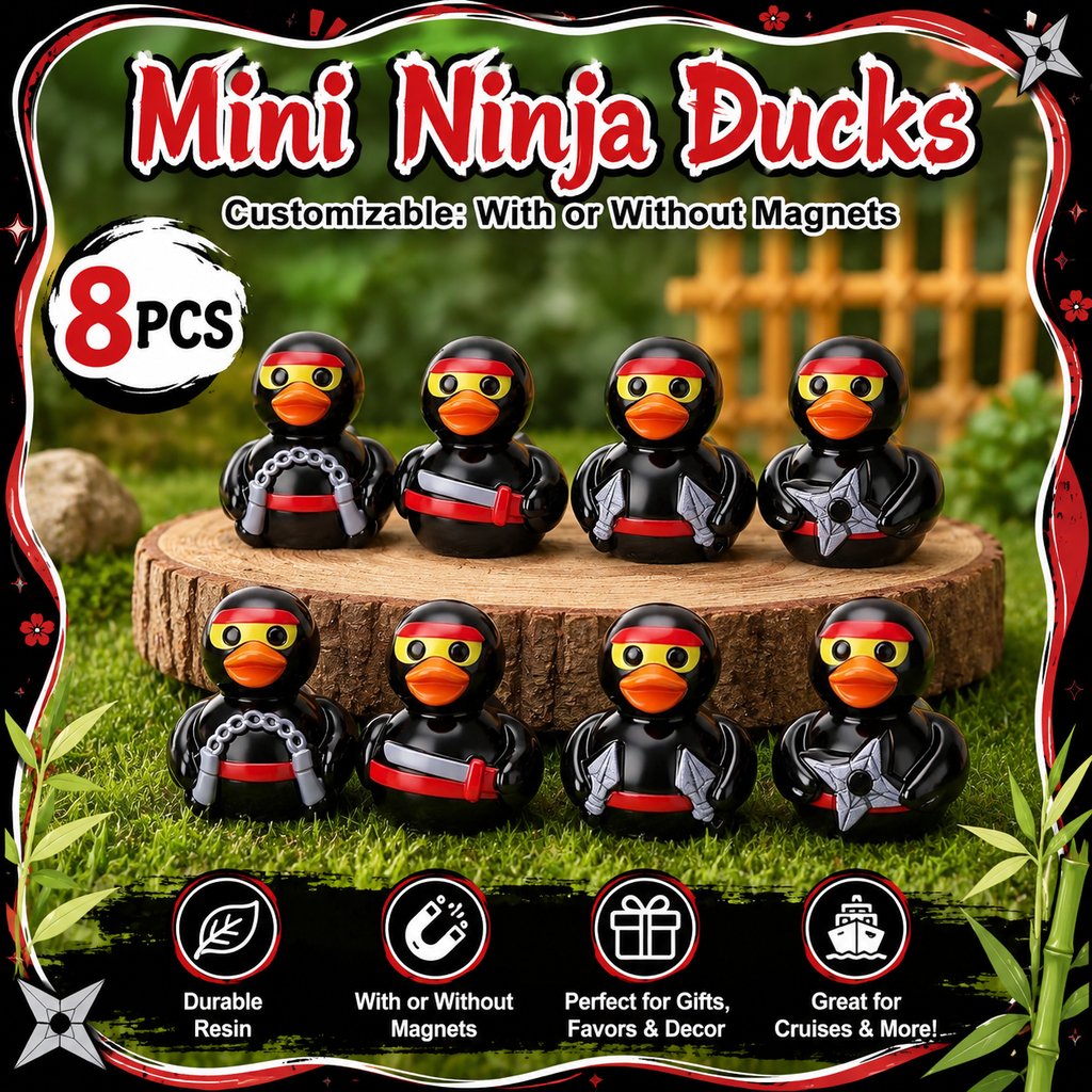 Customizable With or Without Magnets – Set of 8 Mini Resin Ninja Ducks, Tiny Ninja Duck Figurines, Martial Arts Duck Party Favors, Miniature Collectible Ducks, Cruise Ducks, Jeep Ducks, Desk Decor, Gift Set