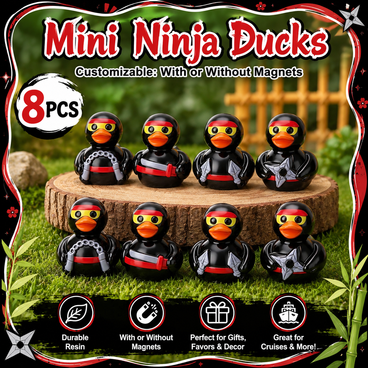 Customizable With or Without Magnets – Set of 8 Mini Resin Ninja Ducks, Tiny Ninja Duck Figurines, Martial Arts Duck Party Favors, Miniature Collectible Ducks, Cruise Ducks, Jeep Ducks, Desk Decor, Gift Set