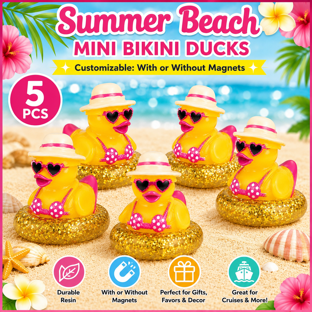 Customizable With or Without Magnets – Set of 5 Summer Beach Mini Bikini Ducks, Tiny Resin Hawaii Duck Figurines, Miniature Pool Float Duckies, Luau Party Favors, Fairy Garden Decor, Cruise Ducks, Jeep Ducks