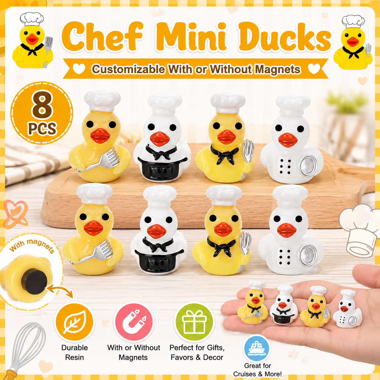 Customizable With or Without Magnets – Set of 8 Mini Resin Chef Ducks, Tiny Baker Duck Figurines, Miniature Cooking Duck Set, Kitchen Decor, Party Favors, Cruise Ducks, Jeep Ducks, Collectible Duck Gift