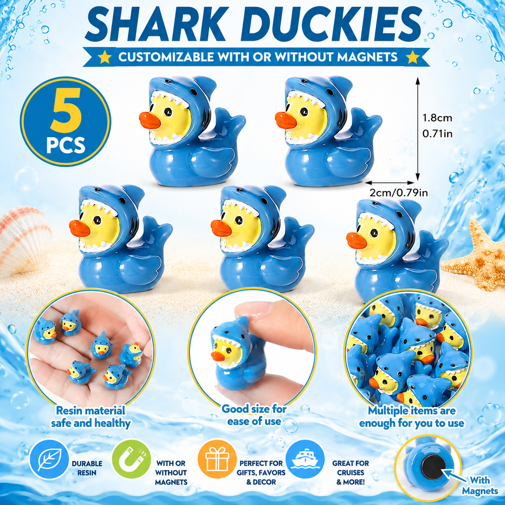 Customizable With or Without Magnets – Set of 5 Mini Resin Shark Ducks, Tiny Shark Costume Duck Figurines, Miniature Ocean Duckies, Beach Party Favors, Cruise Ducks, Jeep Ducks, Fairy Garden Decor