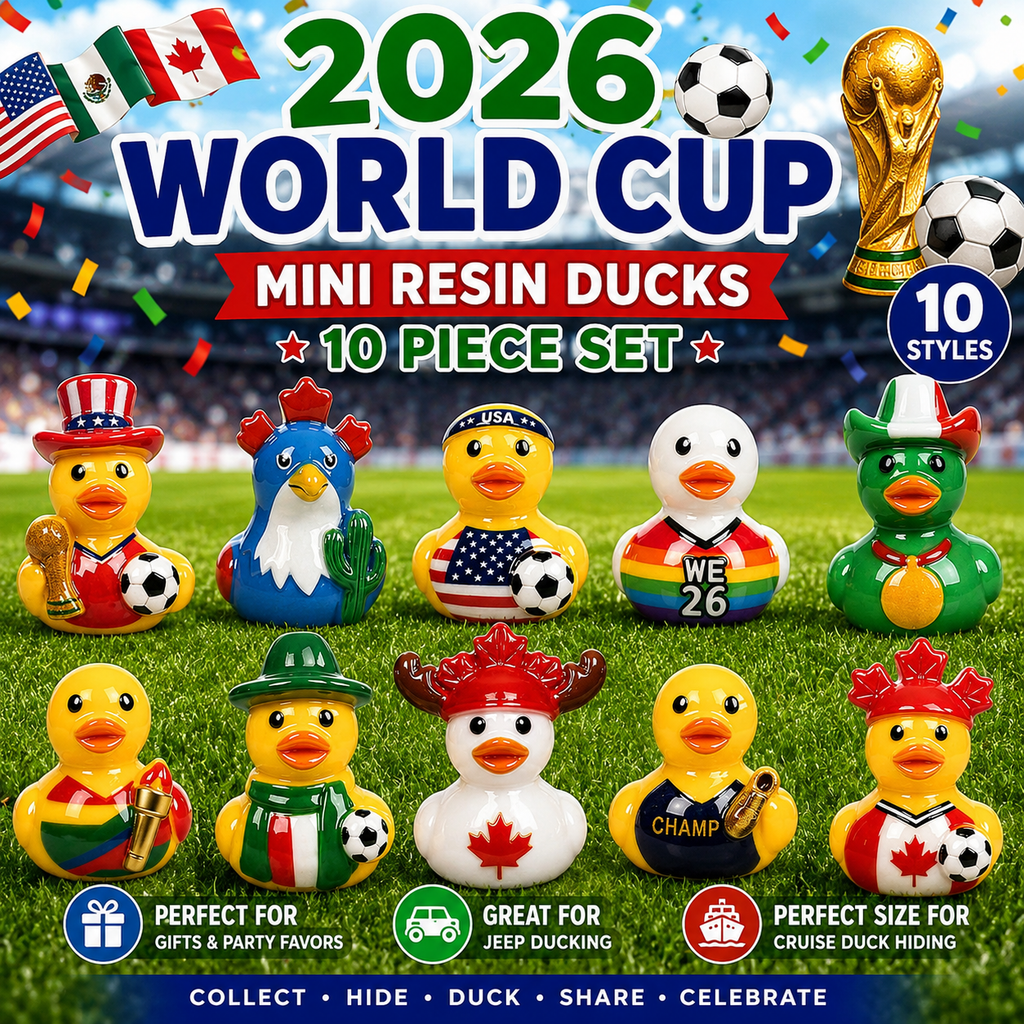 Customize With or Without Decorative Magnets • 2026 World Cup Soccer Mini Resin Duck Figurines • Set of 10 International Sports Collectible Ducks • Cruise Duck Hiding • Jeep Ducking • Party Favors