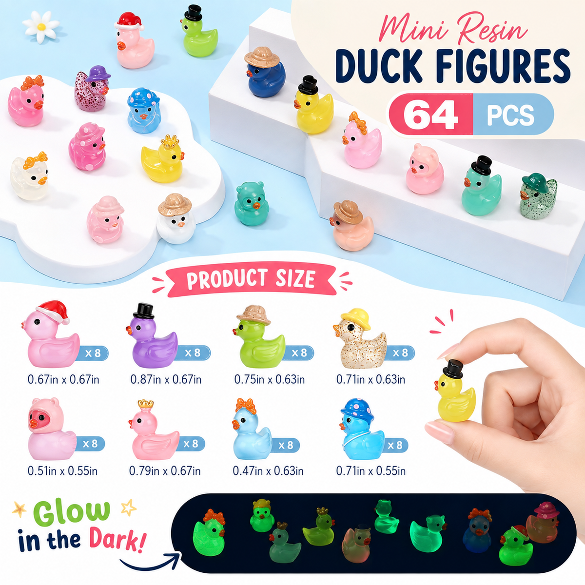 Set of 64, Glow-in-the-Dark Colorful Mix Themed Mini Resin Ducks, Magnetic or Non-Magnetic, Optional Personalized Duck Hiding Tags