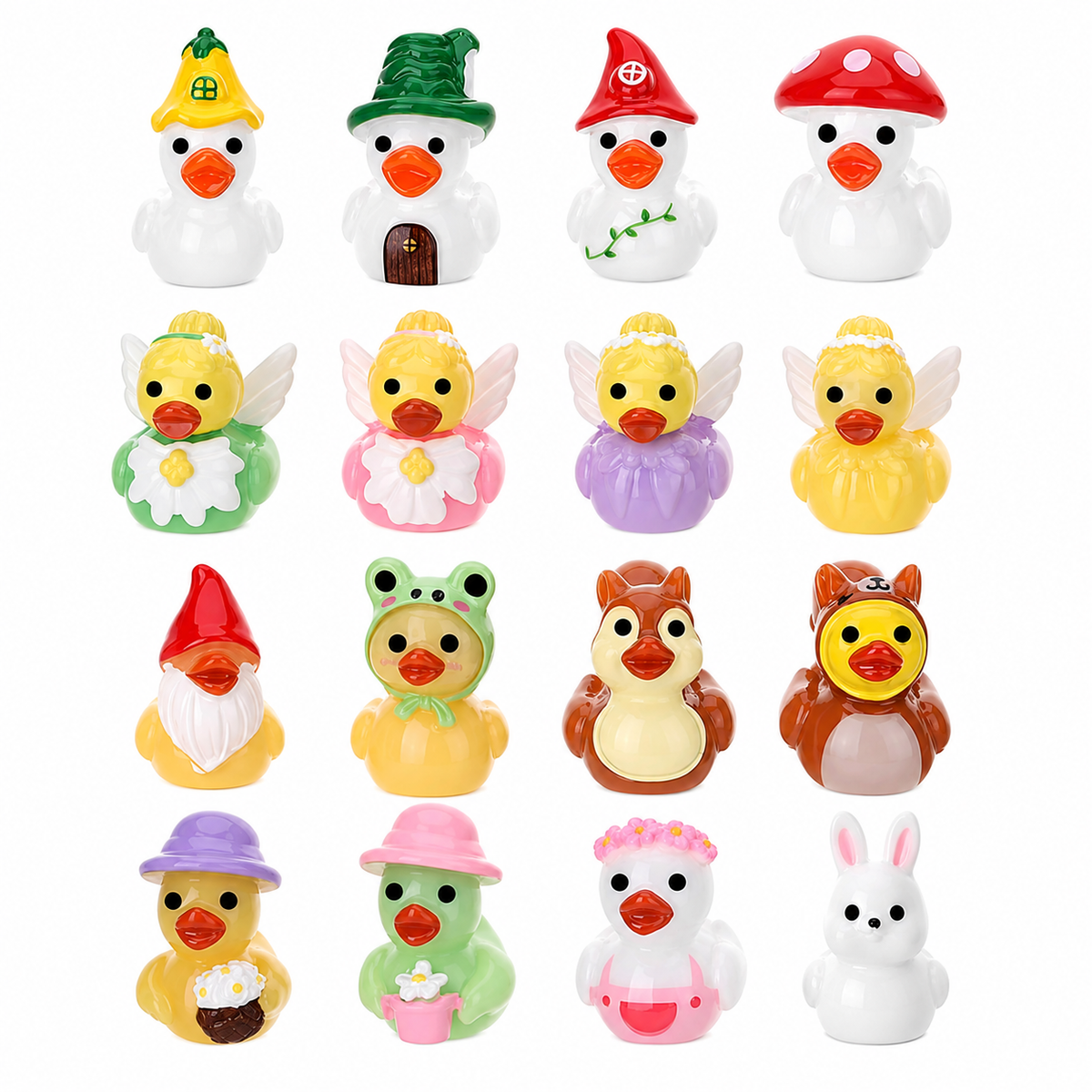 Set of 16, Fairy Garden Mix Themed Mini Resin Ducks, Magnetic or Non-Magnetic, Optional Personalized Duck Hiding Tags