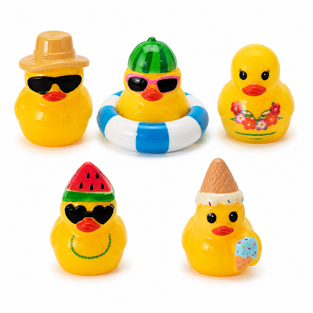 Set of 5, Summertime Fun Themed Mini Resin Ducks, Magnetic or Non-Magnetic, Optional Personalized Duck Hiding Tags