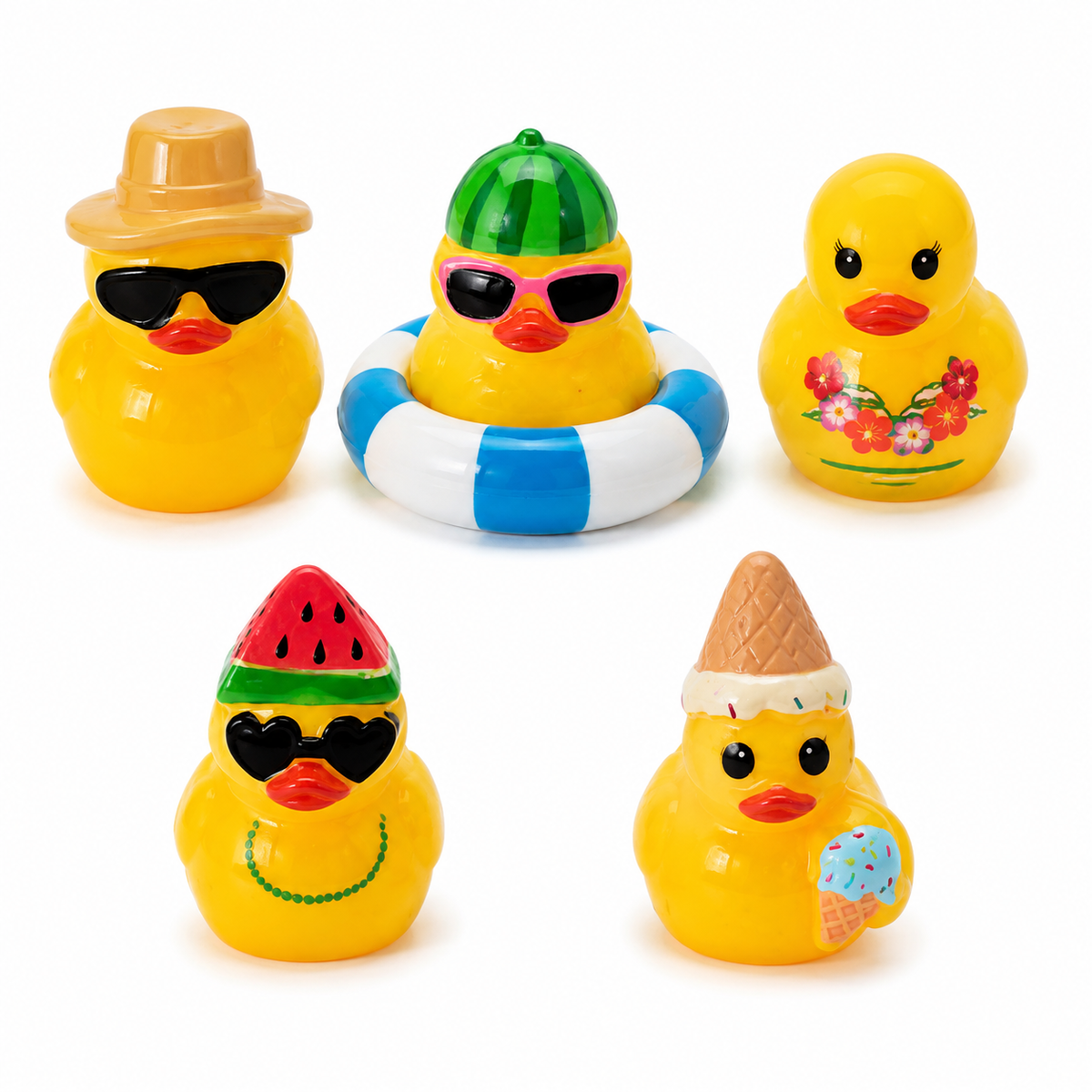 Set of 5, Summertime Fun Themed Mini Resin Ducks, Magnetic or Non-Magnetic, Optional Personalized Duck Hiding Tags