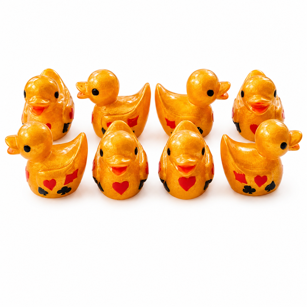 Set of 8, Gold Casino Poker Card Themed Mini Resin Ducks, Magnetic or Non-Magnetic, Optional Personalized Duck Hiding Tags