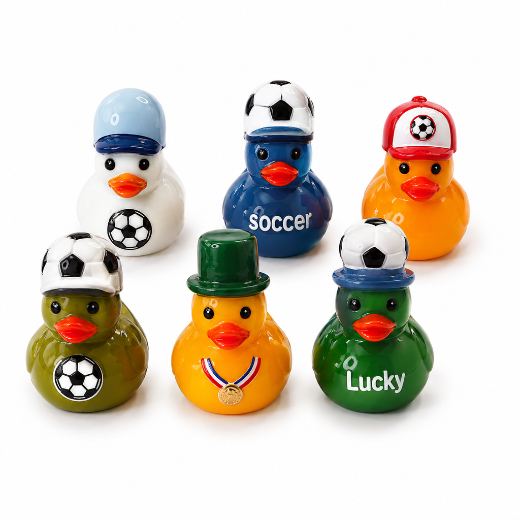 Set of 6, Soccer Player Themed Mini Resin Ducks, Magnetic or Non-Magnetic, Optional Personalized Duck Hiding Tags
