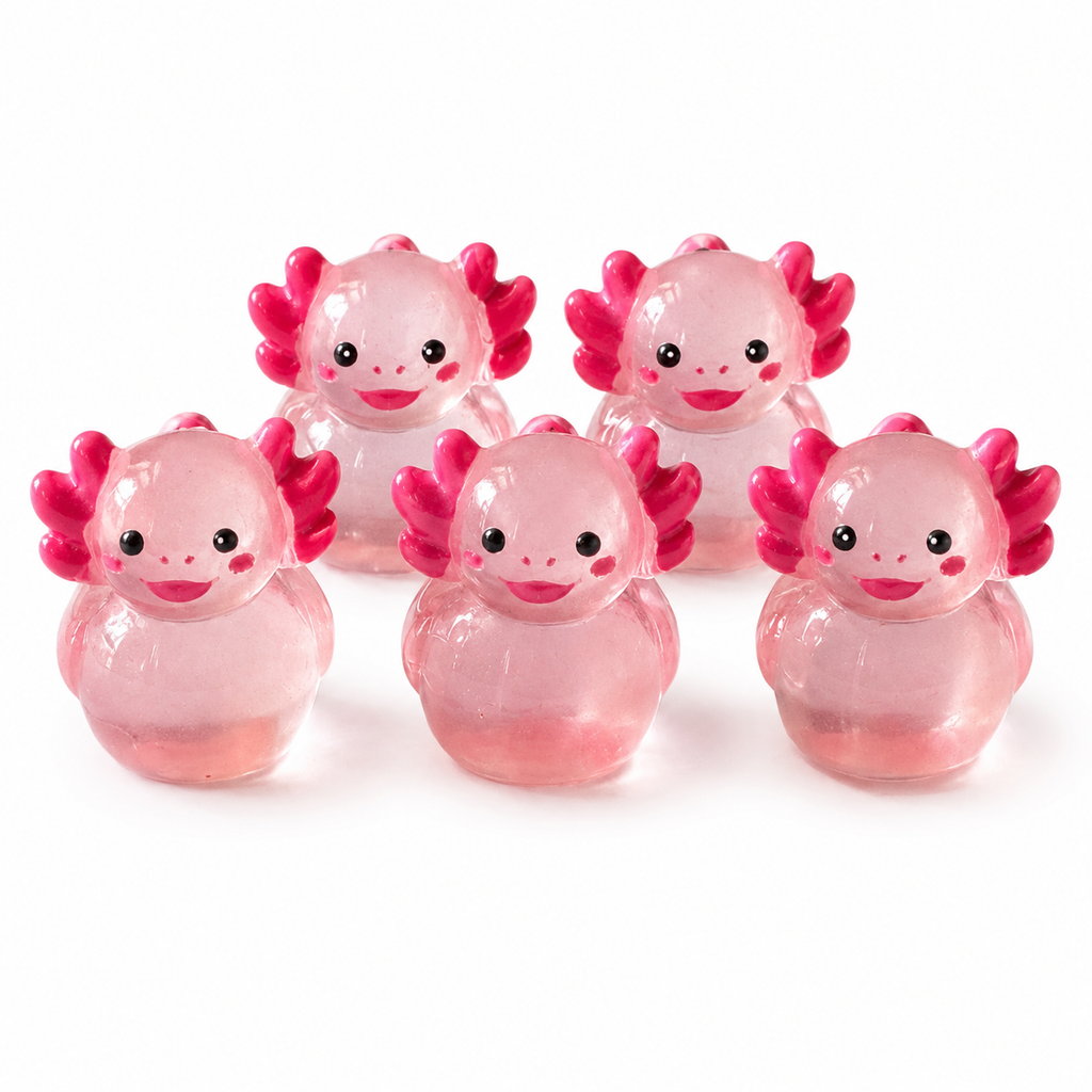Set of 5, Glow-in-the-Dark Pink Axolotl Themed Mini Resin Ducks, Magnetic or Non-Magnetic, Optional Personalized Duck Hiding Tags