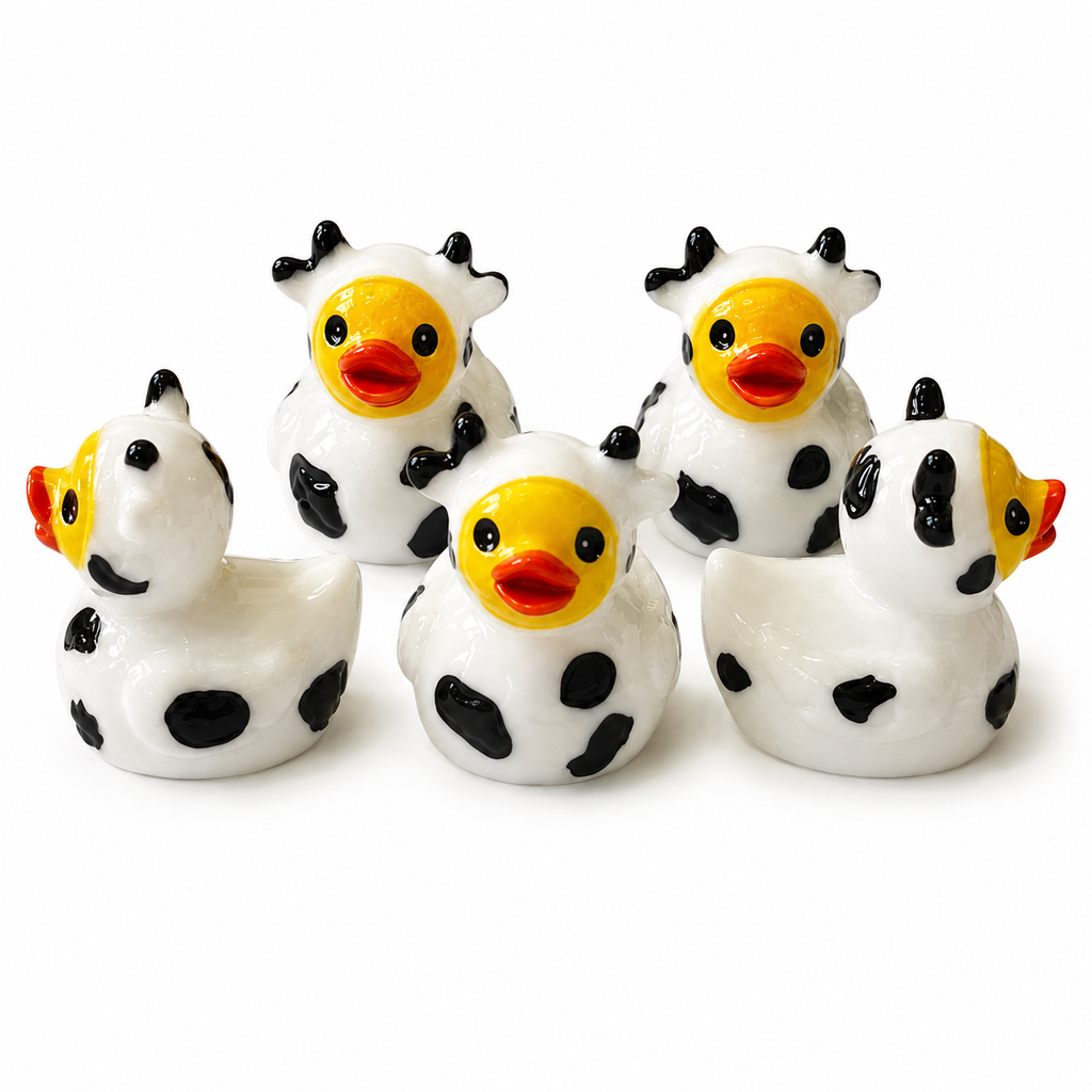 Set of 5, Cow Themed Mini Resin Ducks, Magnetic or Non-Magnetic, Optional Personalized Duck Hiding Tags