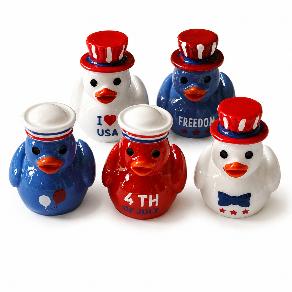 Set of 5, Patriotic 4th of July Themed Mini Resin Ducks, Magnetic or Non-Magnetic, Optional Personalized Duck Hiding Tags